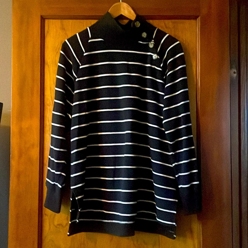 Women’s Medium J Crew Black and White striped Sweatshirt with Button Collar